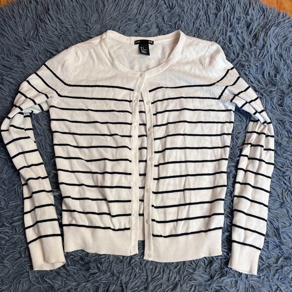 H&M White Striped Cropped Cotton Cardigan Size S - Picture 1 of 5